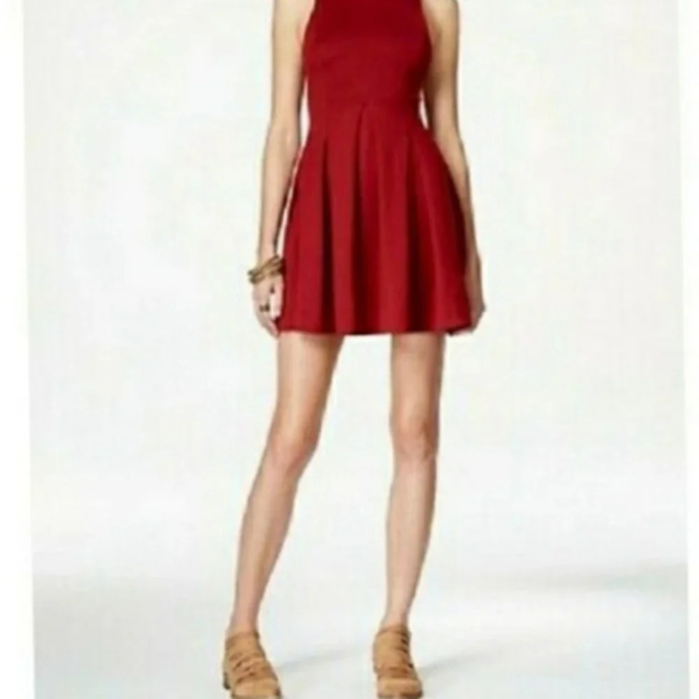 FREE PEOPLE Layla Red Sleeveless Knit Mini Skater POCKET Fit & Flare Dress EUC L
